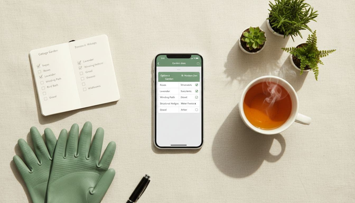Overhead flat lay of a phone showing a garden design app comparison checklist next to potted plants and a notebook