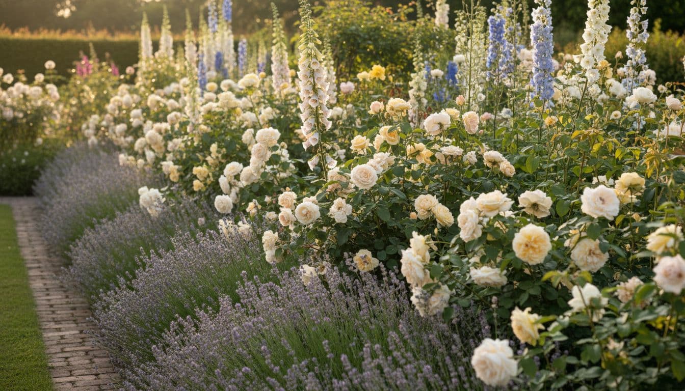 Cottage garden design ideas in practice: foxgloves, roses and lavender spilling over a narrow brick path