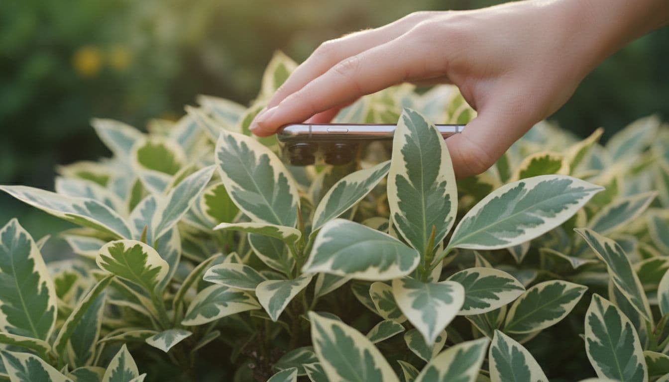Close-up of a phone camera held over a garden shrub to identify plants with AI