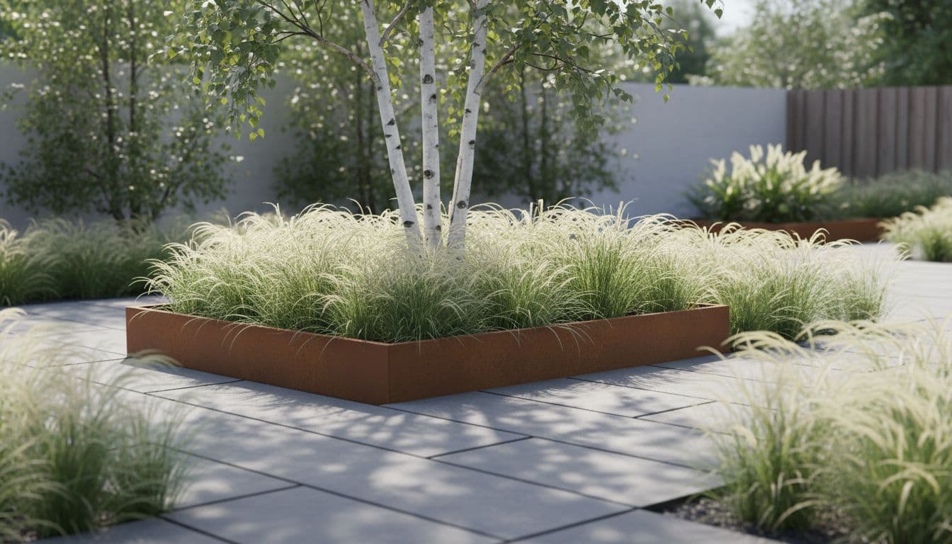 A modern garden showing the repeated paving, grasses and clipped structure behind this guide to modern garden design ideas