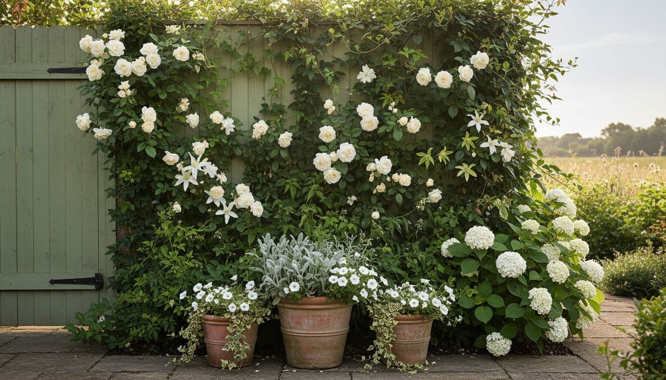 Vertical garden design on a sunny boundary wall with trellis, climbers and stacked planters