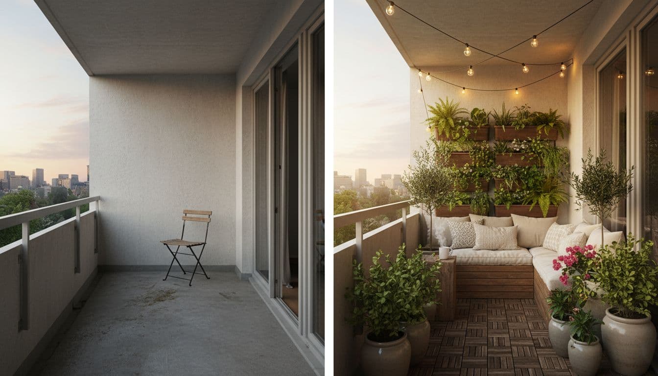 Balcony Garden Design — before and after AI Garden Design generated by FlorAI from a real photo
