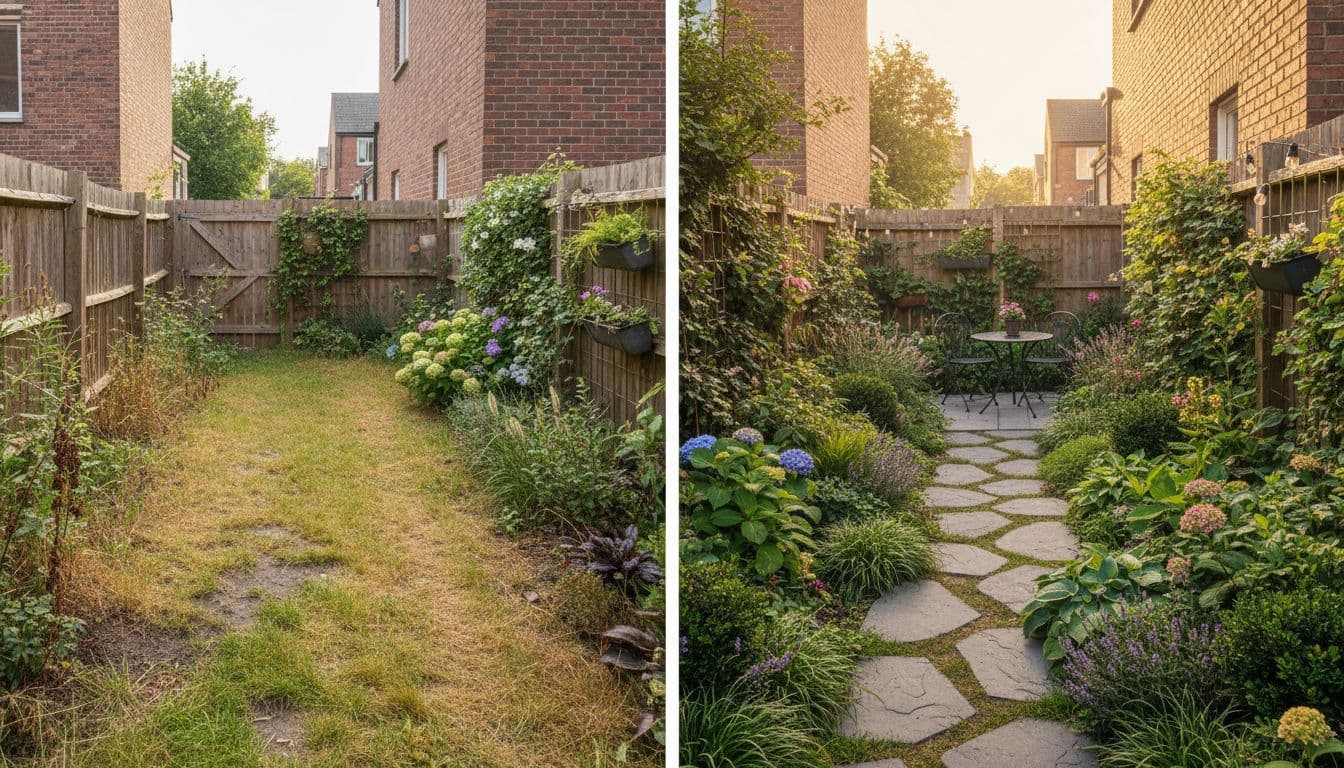 Small Garden Design — before and after AI Garden Design generated by FlorAI from a real photo