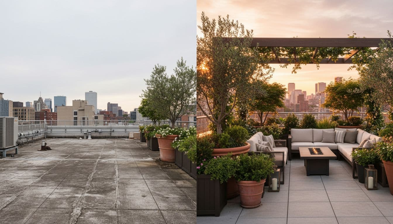 Terrace Garden Design — before and after AI Garden Design generated by FlorAI from a real photo