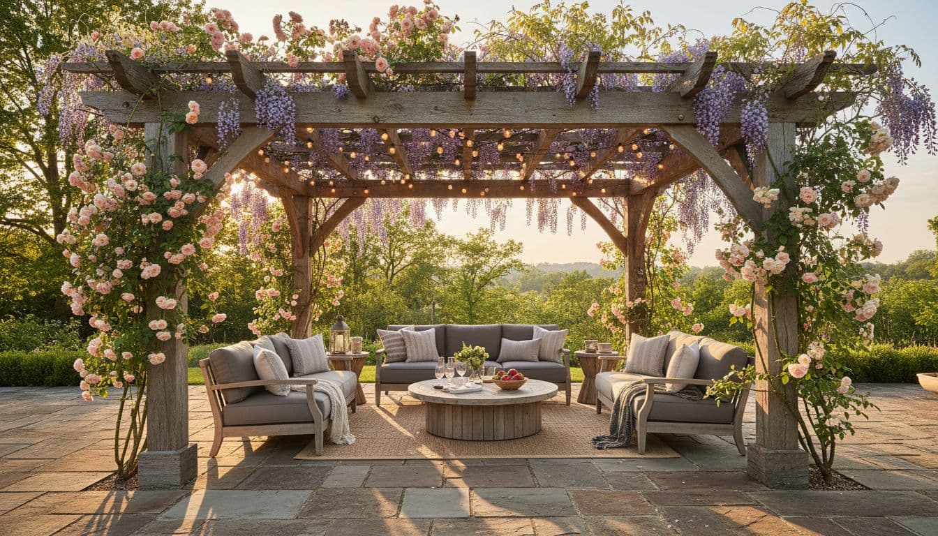 AI generated stone patio with pergola, climbing roses and string lights