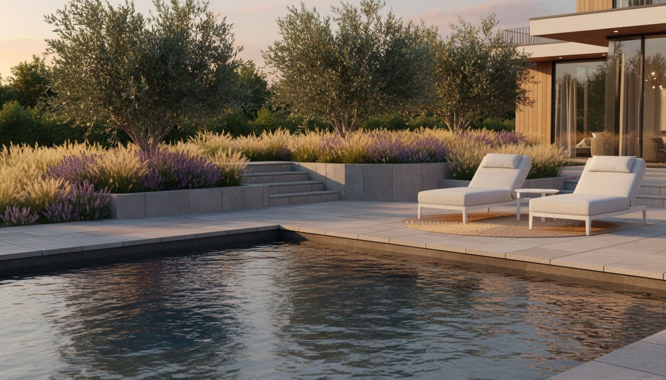 AI generated backyard pool surround landscaping idea