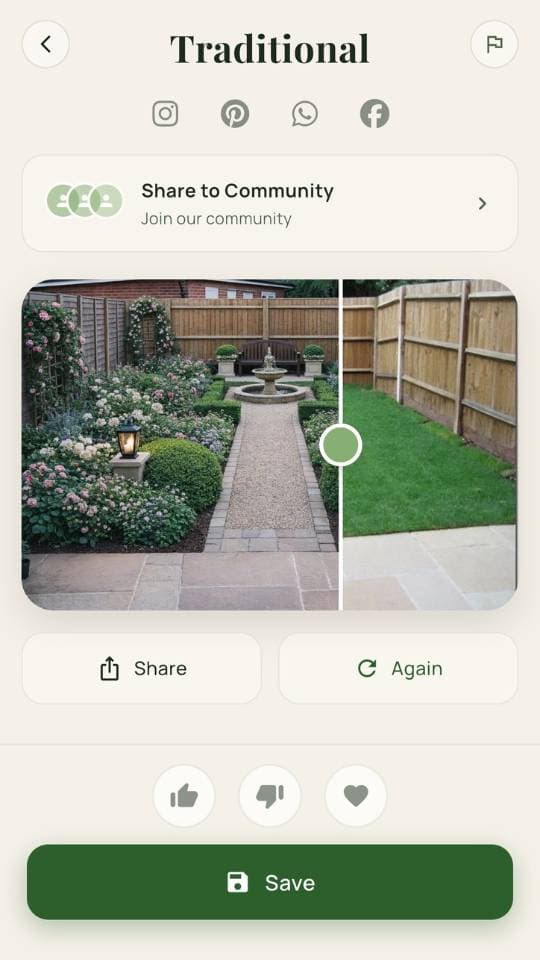 FlorAI AI Garden Design app on iPhone showing a traditional garden before-and-after